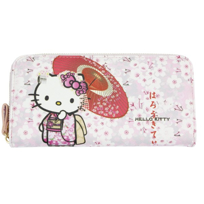 Japanese Pattern Series Wallet with Land Zipper, Hello Kitty - Land Zipper with Sakura Wagasa Umbrella (和柄シリーズ 財布 ランドファスナー ハローキティ - ランドファスナー 桜和傘)